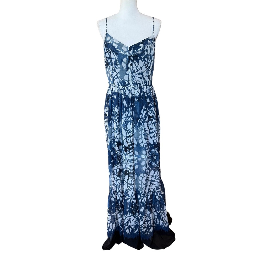 Betsey Johnson Blue Abstract Tie Dye Tiered Maxi Dress Back Spaghetti Straps 10